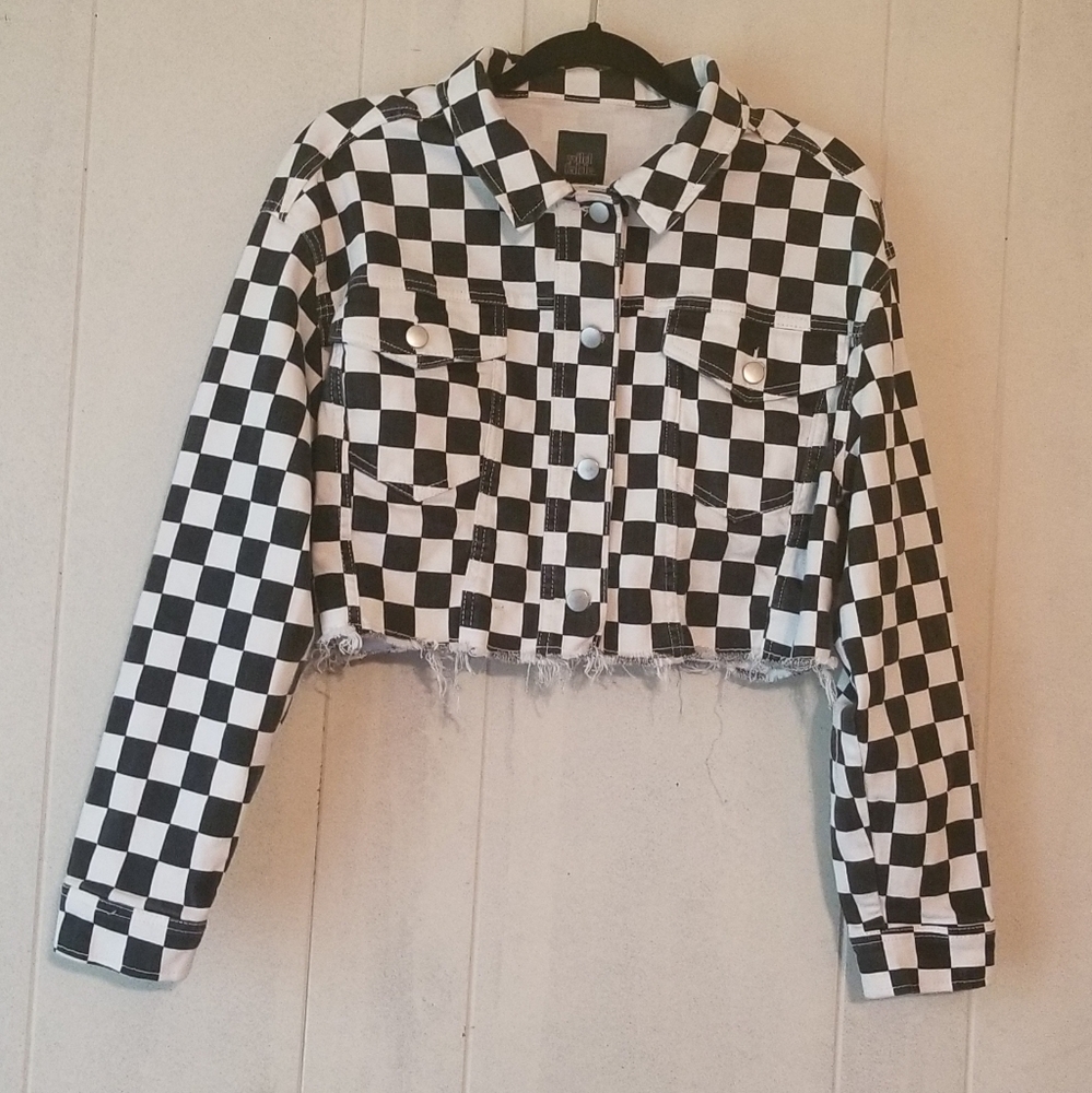 WILD FABLE Cropped Checkered Black White Jacket Lg